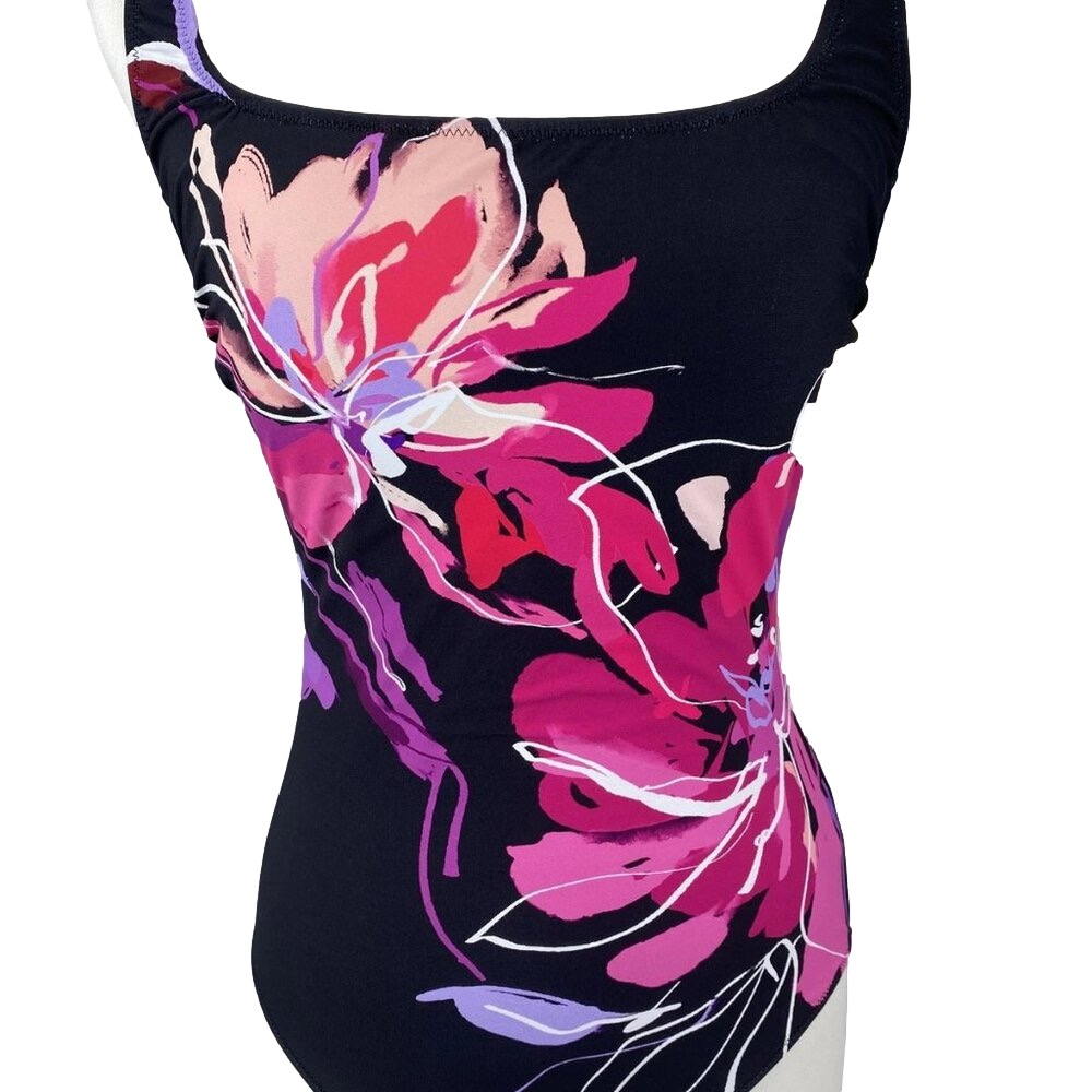 Gottex Water Lily One-Piece Swimsuit • Size 10 • Black/Pink • Square Neck